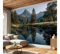 DLERFLOVR Papel Tapiz Fotográfico 3D Lagos Alpinos - 150x105cm Papel Pintado Pared Belleza Natural Del Bosque Panorámico de Seda Póster Gigante de Pared para Salón Dormitorio Comedor, Verde Oscuro