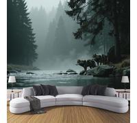 DLERFLOVR Papel Tapiz Fotográfico 3D Lobo Del Río Forest - 200x140cm Papel Pintado Pared Bosque De Pinos Brumoso Panorámico de Seda Póster Gigante de Pared para Salón Dormitorio Comedor, Verde Oscuro