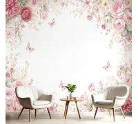 DLERFLOVR Papel Tapiz Fotográfico 3D Mariposa Rosa Peonía - 400x280cm Papel Pintado Pared Borde Floral De Acuarela Panorámico de Seda Póster Gigante de Pared para Salón Dormitorio Comedor, Rosa