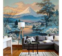 DLERFLOVR Papel Tapiz Fotográfico 3D Montaña Nevada Invernal 250x175cm Papel Pintado Panorámico Ukiyo-E Japonés Fondo De Pantalla XXL Decoración De Pared para Sala Cuarto Oficina Salón, Azul