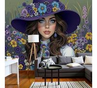 DLERFLOVR Papel Tapiz Fotográfico 3D Niña Dulce De Flores Silvestres 350x250cm Papel Pintado Panorámico Retro Americano Fondo De Pantalla XXL Decoración De Pared para Sala Cuarto Oficina, Azul Oscuro
