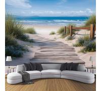 DLERFLOVR Papel Tapiz Fotográfico 3D Paseo Marítimo Playa Verano - 200x140cm Papel Pintado Pared Dunas Arena Y Mar Panorámico de Seda Póster Gigante de Pared para Salón Dormitorio Comedor, Azul Claro