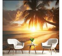 DLERFLOVR Papel Tapiz Fotográfico Atardecer En Una Isla Tropical Fondo De Pantalla XXL Paisaje Del Mar Caribe Papel Pintado Decoración De Pared para Sala Cuarto Oficina Salón, Amarillo