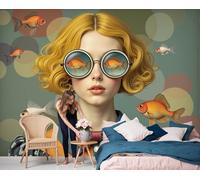 DLERFLOVR Papel Tapiz Fotográfico Chica Con Gafas Retro De Montura Redonda Papel Pintado Sala Surrealismo Fondo De Pantalla XXL Moderna Decoración de Pared Para Sala Cuarto Oficina Salón, 250x175cm