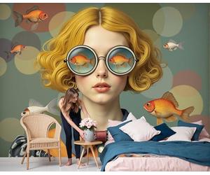 DLERFLOVR Papel Tapiz Fotográfico Chica Con Gafas Retro De Montura Redonda Papel Pintado Sala Surrealismo Fondo De Pantalla XXL Moderna Decoración de Pared Para Sala Cuarto Oficina Salón, 350x250cm