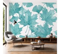 DLERFLOVR Papel Tapiz Fotográfico Ginkgo De Arce 300x210cm, Papel Pintado Panorámico Plantas En Acuarela Póster XXL Seda Decoración de Pared para, Salón, Oficina, Sala de Estar, Azul Turquesa