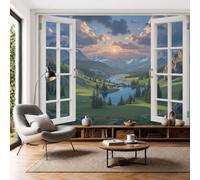 DLERFLOVR Papel Tapiz Fotográfico Lagos Alpinos 300x210cm, Papel Pintado Panorámico Ventana Artificial 3D Con Paisaje Natural Póster XXL Seda Decoración de Pared para, Salón, Oficina, Azul Grisáceo