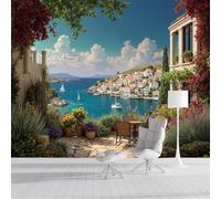 DLERFLOVR Papel Tapiz Fotográfico Paisaje Urbano 250x175cm Fondo De Pantalla XXL Islas Griegas Papel Pintado Decoración De Pared para Sala Cuarto Oficina Salón, Azul