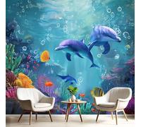 DLERFLOVR Papel Tapiz Fotográfico Pez Tropical Delfín 300x210cm Fondo De Pantalla XXL Mundo Submarino Papel Pintado Decoración De Pared para Sala Cuarto Oficina Salón, Azul