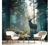 DLERFLOVR Papel Tapiz Fotográfico Pinos Y Ciervos 250x175cm Fondo De Pantalla XXL Bosque Antiguo Papel Pintado Decoración De Pared para Sala Cuarto Oficina Salón, Verde Azulado
