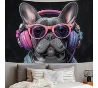 DLERFLOVR Tapices Decorativo Bulldog Francés Escuchando Música, 100x75 cm Tapiz de Pared Animales Geniales Colgar de la Pared Decoración de Mural para Habitación, Dormitorio o Dormitorio, Gris