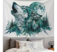 DLERFLOVR Tapiz de Pared Aullido De Lobo Tapices de Tela Grandes Luna Del Bosque En Acuarela Colgar de Pared Tapices Decorativos para Hogar Oficina Dormitorio, 150x100 cm, Azul-Verde
