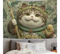 DLERFLOVR Tapiz de Pared Lindo Gato Gordo - Colgar de Pared - 100x75 cm Tapicería de Tela Ilustración De Estilo Chino Tapices Decorativo para Habitacion Dormitorio Salon, Verde Salvia