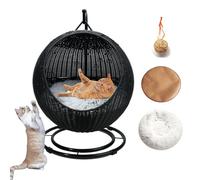 DLLDLGG Cama para Gatos De Mimbre Tejida A Mano, Cama Colgante para Gatos, Cama De Ratán De Algas Marinas, Cueva para Gatos Al Aire Libre, Columpio Lavable para Mascotas para Gatos(Black)