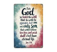 DLLIGTT Letrero de estaño vintage con texto en inglés "God So Loved The World", decoración religiosa, arte de pared de las Escrituras Godianas, regalos católicos para estudio bíblico, iglesia, escuela