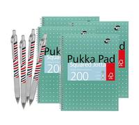 DLM Direct Pukka Pad - Cuaderno cuadriculado metálico A4, 200 páginas de 80 g/m², encuadernado con alambre, 4 agujeros perforados, tapa verde, múltiples opciones de paquete con bolígrafo de cebra