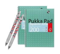 DLM Direct Pukka Pad - Cuaderno cuadriculado metálico A4, 200 páginas de 80 g/m², encuadernado con alambre, 4 agujeros perforados, tapa verde, múltiples opciones de paquete con bolígrafo de cebra