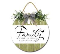 DLONVOH Letrero de bienvenida con texto en inglés "Family Where Life Begins and Love Never Ends" para puerta delantera, porche, granja, rústico, madera, decoración de pared para decoración del hogar