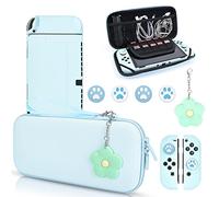 DLseego Blue Switch - Juego de funda de transporte OLED con 10 ranuras Babyblue protectora rígida acoplable con 4 tapas de agarre para pulgar de pata de gato y 1 cadena de flores verdes para Switch