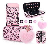 DLseego Carrying Case Compatible with Switch,Leopard Print Set Hard Portable Case Shell Pouch with Silicone Protective Cover,Thumb grip caps and Plush Heart Charm,Pink