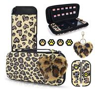 DLseego Carrying Case Compatible with Switch,Leopard Print Set Hard Portable Case Shell Pouch with Silicone Protective Cover,Thumb grip caps and Plush Heart Charm,Brown