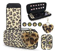 DLseego Carrying Case Compatible with Switch OLED,Leopard Print Set Hard Portable Case Shell Pouch with Silicone Protective Cover,Thumb grip caps and Plush Heart Charm,Brown