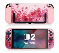 DLseego Funda Acoplable Compatible con Switch 2, Tapa Dura con Diseño Floral, Funda Protectora Delgada de PC Antirrayaduras y Amortiguadora de Golpes y Funda Joy-C Grip de TPU Suave,Rosa