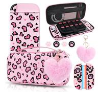 DLseego Funda de Transporte para Switch 2,Funda de Transporte para de Viaje Storage Portátil de Corazón Leopardo con NS 2 Cubierta Acoplable,4PCS Tapas de Joystick y 1PC Plush Corazón Charm,Rosa