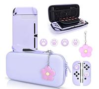 DLseego Juego de funda de transporte con 10 ranuras, bonita carcasa rígida protectora acoplable con 4 tapas de agarre de pata de gato con purpurina y 1 cadena de flores para Switch 2017 (morado)
