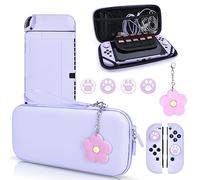 DLseego Juego de funda de transporte OLED Purple Switch con 10 ranuras Babyblue funda rígida protectora acoplable con 4 tapas de agarre para pulgar de pata de gato y 1 cadena de flores para Switch