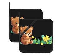 DLXW Baby Bear Looking at Little Flower Print - Alfombrilla de aislamiento cuadrada (juego de dos piezas) para quitar la tapa de la cocina, hornos de microondas, hornos, con cuerda para colgar lateral