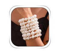 Dmaiy Pulseras de perlas para mujer, pulsera de perlas blancas, pulseras elásticas de perlas apiladas, pulsera de perlas de boda, Talla única, perla, No es una piedra preciosa
