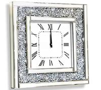 DMDFIRST Silver Square Mirror Clock 20x20inches Crystal Sparkle Twinkle Bling Crushed Diamond Mirrored Large Wall Clock for Wall Decoration Silver Glass Mirror Home Décor. AA Battery is Not Included.