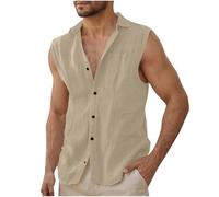 Dmmtot Camisas de lino sin mangas para hombre, ajuste regular, casual, con botones, camisas de playa, ligeras, cuello con bandas, camiseta deportiva, corte ajustado, culturismo muscular, blusas