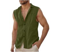 Dmmtot Camisas de lino sin mangas para hombre, ajuste regular, casual, con botones frontales, camisas de playa, ligeras, cuello con bandas, camisetas deportivas ajustadas, culturismo, atléticas, para