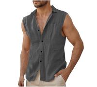 Dmmtot Camisas de lino sin mangas para hombre, ajuste regular, casual, con botones frontales, camisas de playa, ligeras, cuello con bandas, camisetas deportivas ajustadas, culturismo, atléticas, para