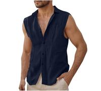 Dmmtot Camisas de lino sin mangas para hombre, ajuste regular, casual, con botones frontales, camisas de playa, ligeras, cuello con bandas, camisetas deportivas ajustadas, culturismo, atléticas, para