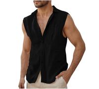 Dmmtot Camisas de lino sin mangas para hombre, ajuste regular, casual, con botones frontales, camisas de playa, ligeras, cuello con bandas, camisetas deportivas ajustadas, culturismo, atléticas, para