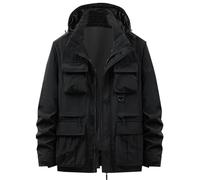 Dmmtot Chaqueta para hombre al aire libre con múltiples bolsillos, casual, color sólido, con cremallera, multifuncional, desmontable, manga larga, con capucha, cortavientos, chaqueta de combate,