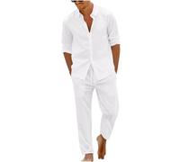 Dmmtot Conjunto de 2 piezas de lino casual para hombre, camisas de manga larga con botones, cintura elástica, pantalones de pierna recta, básicos, color sólido, ajuste regular, transpirable, ropa