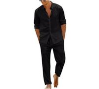 Dmmtot Conjunto de 2 piezas de lino casual para hombre, camisas de manga larga con botones, cintura elástica, pantalones de pierna recta, básicos, color sólido, ajuste regular, transpirable, ropa