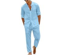 Dmmtot Conjunto de 2 piezas de lino casual para hombre, camisas de manga larga con botones, cintura elástica, pantalones de pierna recta, básicos, color sólido, ajuste regular, transpirable, ropa