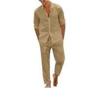 Dmmtot Conjunto de 2 piezas de lino casual para hombre, camisas de manga larga con botones, cintura elástica, pantalones de pierna recta, básicos, color sólido, ajuste regular, transpirable, ropa