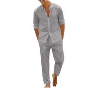 Dmmtot Conjunto de 2 piezas de lino casual para hombre, camisas de manga larga con botones, cintura elástica, pantalones de pierna recta, básicos, color sólido, ajuste regular, transpirable, ropa