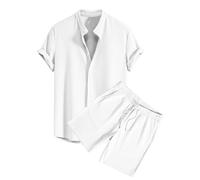 Dmmtot Conjunto de 2 piezas de verano para hombre, pantalones cortos y camisas acanaladas con botones, camisas de manga corta, cintura elástica, pantalones cortos con cordón y bolsillos, elegante,