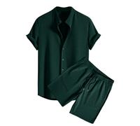 Dmmtot Conjunto de 2 piezas de verano para hombre, pantalones cortos y camisas acanaladas con botones, camisas de manga corta, cintura elástica, pantalones cortos con cordón y bolsillos, elegante,