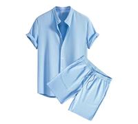 Dmmtot Conjunto de 2 piezas de verano para hombre, pantalones cortos y camisas acanaladas con botones, camisas de manga corta, cintura elástica, pantalones cortos con cordón y bolsillos, elegante,
