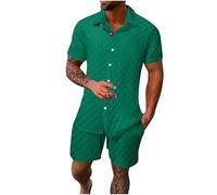 Dmmtot Conjunto de 2 piezas para hombre, casual, playa, con botones, camisas de manga corta, pantalones cortos de cintura elástica con bolsillos, chándal de color sólido, transpirable, ligero, ropa de