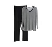 Dmmtot Pijama de algodón modal de manga larga para hombre, 2 piezas, pantalones largos, cuello redondo, color sólido, transpirable, ligero, suave, ropa de descanso, playa, ropa masculina, talla L-4XL