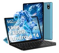 DMOAO Tablet 10 Pulgadas Android 14 con 5G Wi-Fi 6, FHD Tablet con 18 GB RAM + 128 GB ROM (Ampliable a 1TB), Widevine L1, 8 Cores, BT 5.0, 6000mAh, USB-C, Teclado + Ratón + Funda, Azul